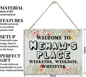 Rustic Sign Mothers Day Gift for Memaw Grandmas Moms Gift Hanging Wood Wall Art Decor Welcome to Memaws Place Weekends