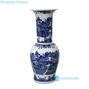 RYLU14- Blue and White All Hand Painted Porcelain Big Vase Landscape Architecture Design Vase Home Decoration Floor Vase