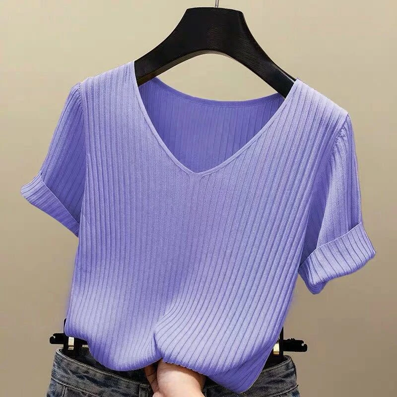 Short Sleeve T-shirts Women V-neck Knitting Loose Summer Ice-silk Solid Korean Style Womens Tops Casual Slender 8-color Chic New