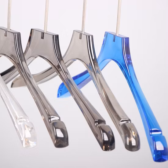 Import Acrylic Plexiglass Top Clothes Hangers with Metal Long Hook and Extra Wide Shoulders in Black/White/Blue Transparent Finish for Coats/Shirts/Blouse of Adult from China