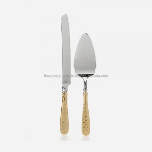 Stainless Steel Cake Tool Set With Golden Brass Embossed Minar Style Handmade Design Handle Cake Server And Knife Set