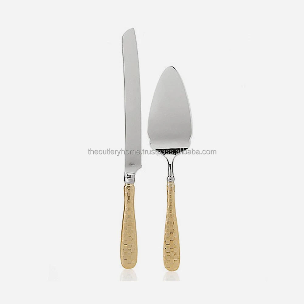 Stainless Steel Cake Tool Set With Golden Brass Embossed Minar Style Handmade Design Handle Cake Server And Knife Set