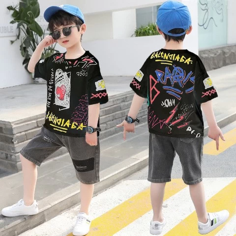 Summer Sport Suits Teenage Boys Clothing Sets Short Sleeve T Shirt & Hole Jeans Casual 3-13 Years Child Boy Clothes