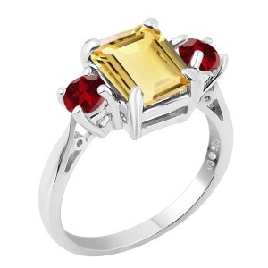 V3 Jewelry 925 Sterling Silver with Octagon Shape Natural Citrine and Garnet Three Stone Ring for Women