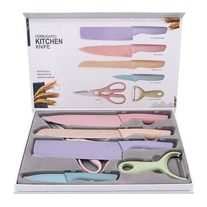 wheat straw yangjiang 6 pieces 3Cr13 stainless steel knife set in gift box colorful nonstick coating kitchen knife set