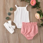 wholesale 3Pcs Newborn Baby Girl Summer Outfits Sleeveless Tie Knot Tank Top Vest + Bloomers + Headband Outfits Set