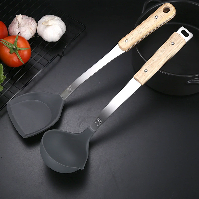 Wholesale amazon hot selling household wooden handle spoon spatula nonstick cookware silicone kitchenware