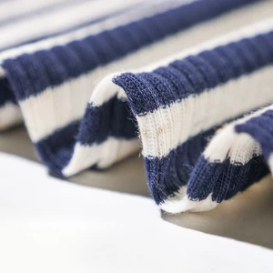Wholesale custom 93% polyester 7% linen yarn dyed blue stripe  knitted stretch rib fabric for garment