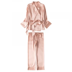 Wholesale Womens Stain Silk Long Sleeve  Loose Nightwear Suit 100% Mulberry Satin Women Silk Pajamas