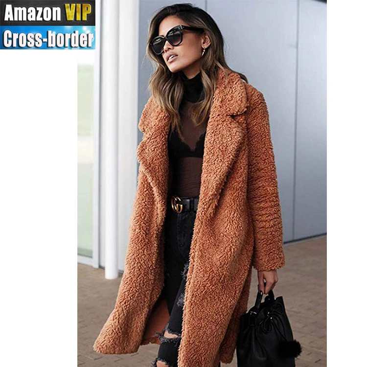 Winter warm Fuzzy fleece lapel open front long cardigan faux fur outwear pocket jackets coats for women