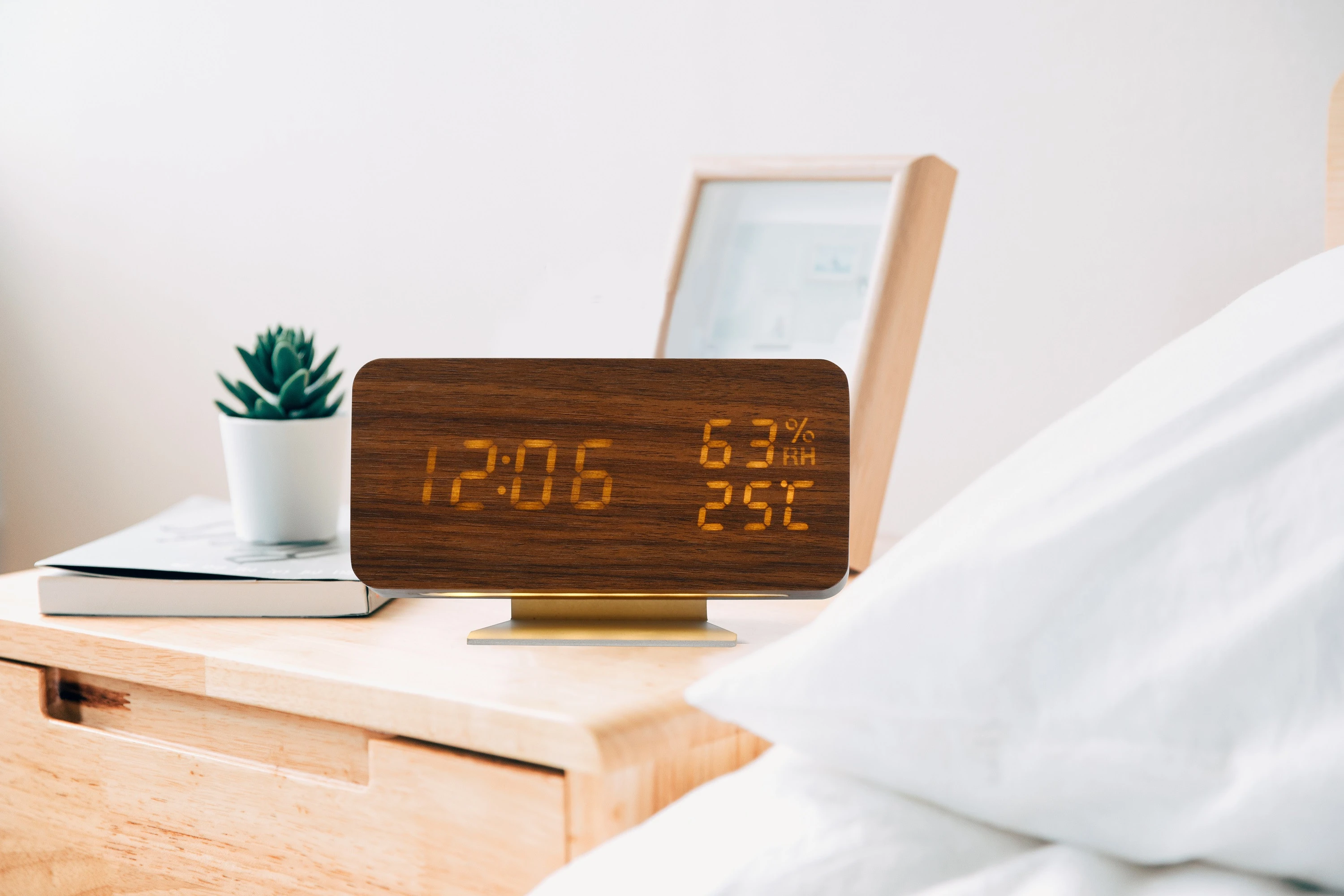 Wooden Alarm Clock Wood LED Digital Clock Sound Control Function, Time Date, Temperature Display for Bedroom Office Home