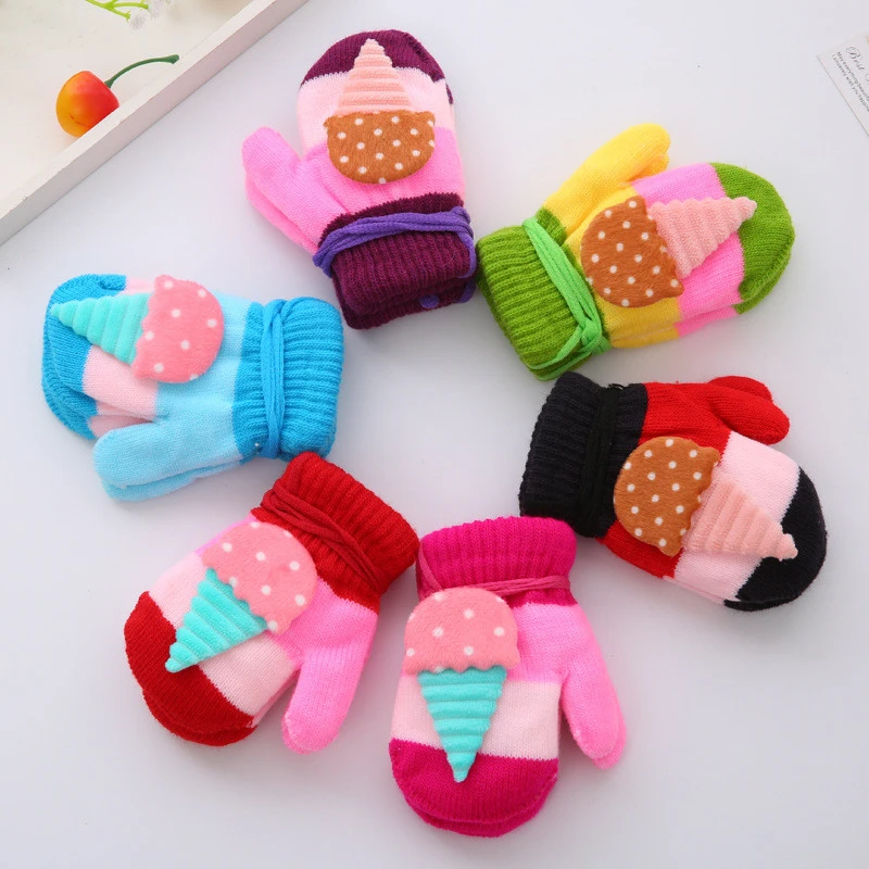 0-3 Y Cute Cartoon Bear Baby Gloves Winter Knitted Wool Infants Mittens Thicke Warm Full Rope Gloves For Boys Girls Toddlers