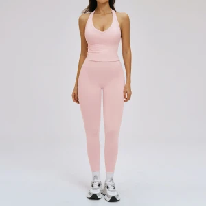 Women Halter V-Neck Sports Tank Top & High Waist Yoga Leggings 2 Piece Fitness Workout Outfit Set
