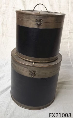 Antique Grey Color Black PU Leather Cylindrical Box 2 Pieces