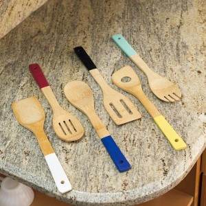 Wholesale bamboo utensil sets with color handle colorful bamboo spatula set