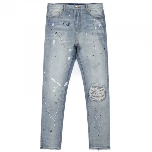 Customized factory price slim fit stretch medium blue men jeans with painted vintage design eco-friendly fabric