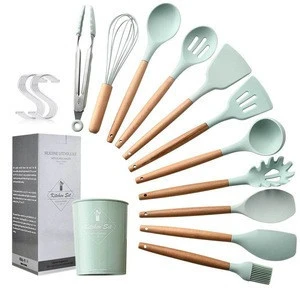 11pcs Silicone Wooden Handles Cooking Tool BPA Free Non Toxic  Cooking Kitchen Utensils Set Silicone Turner Tongs Spatula