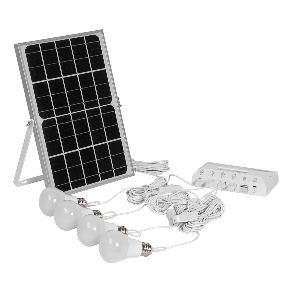 12W small solar power supply system with 5 USB outlets  4 for light bulbs  1 ofr phone charge