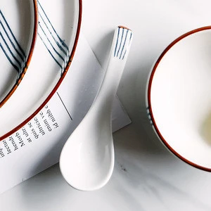 13.5cm Blue Stripes Spoon Ceramic Flatware Ceramic Spoon For Soup
