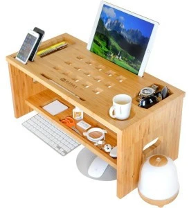2-Tier Bamboo Desk Storage Organizer for Home and Office Computer Desk Laptop Cellphone Printer Stand Desktop Container by