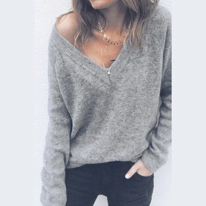 2018 Fashion Autumn Sexy v-neck sweater loose 100% wool sweater plus size pullover Cashmere Sweaters Women