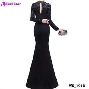 2018 high top quality black sequins mermaid long sleeves prom dress