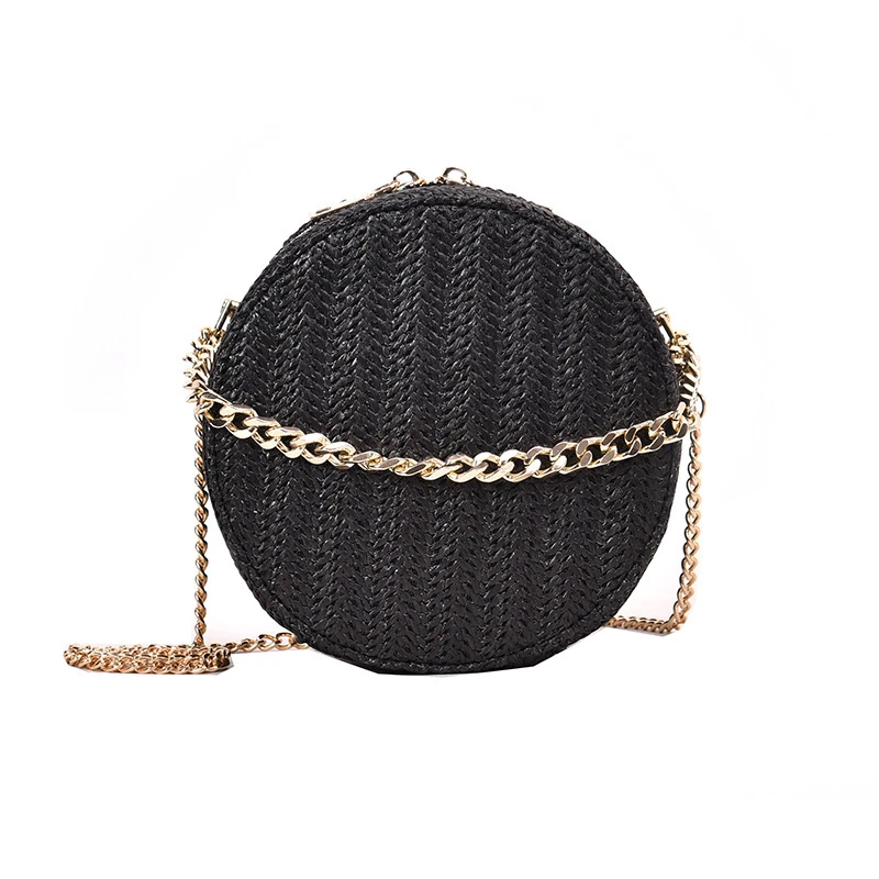 2020 New fashion handmade straw rattan round crossbody bags purse with chain