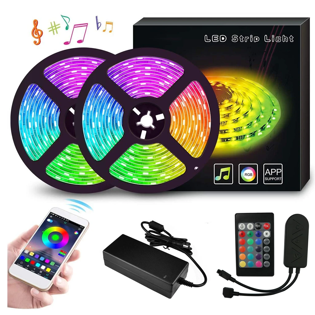 32.8FT/10M 300 LEDs IP65 5050 RGB Strip Lights Music Sync Color Changing Rope Lights Flexible Tape Light Kit with App control