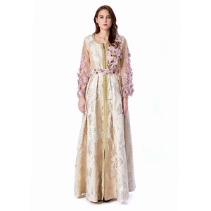 3D Sequined Flower Golden Button embroidery Beading Open Arab Luxury  Kaftan  Party Wedding  Long Net Sleeves Dress