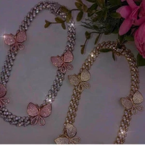 40CM Cuban chain butterfly necklace with CZ diamond in different colors flexible for different pendants