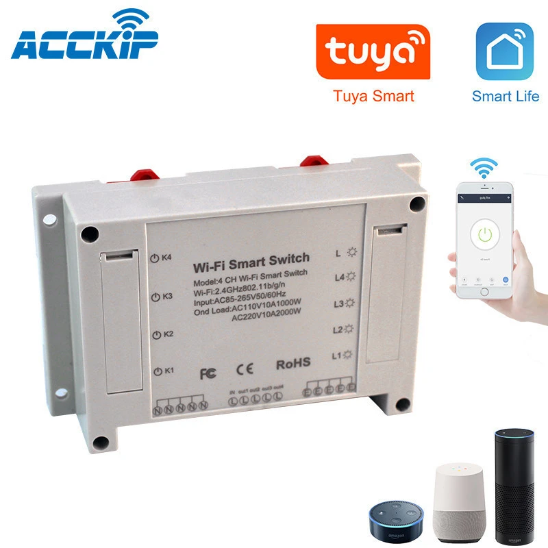ACCKIP CE-RED Rohs2.0 approved Powered by Tuya APP Controlled Wifi Connect Light Smart Switch 4CH - 4 Channels Circuit breaker