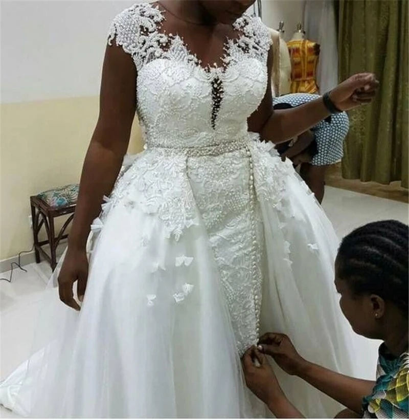 African Women Wedding Dresses A Line Cap Sleeve Lace Appliqued Bridal Gowns