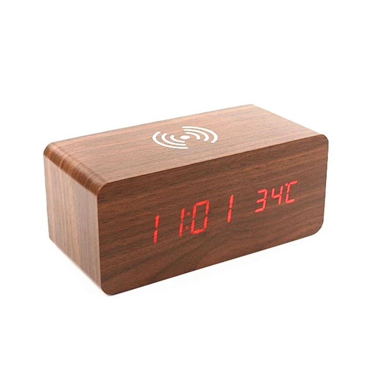 Amazon Wireless Charging Digital Temperature Display Wooden Alarm Clock