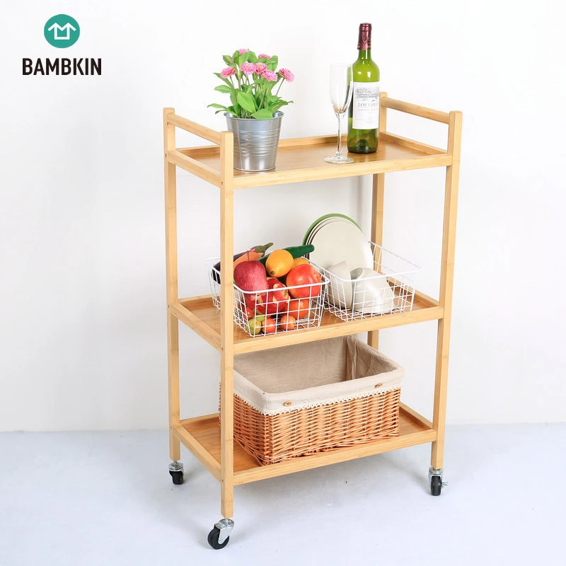 BAMBKIN Bamboo kitchen room furniture  3-tier dining cart  trollry  with 4 wheels for dish service