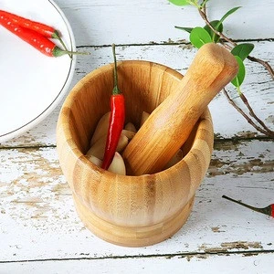 Bamboo Mortar and Pestle, Garlic Press Ginger Crusher Spices Grinding Set Garlic Mincer Herb Spice Masher Grinder Chopper