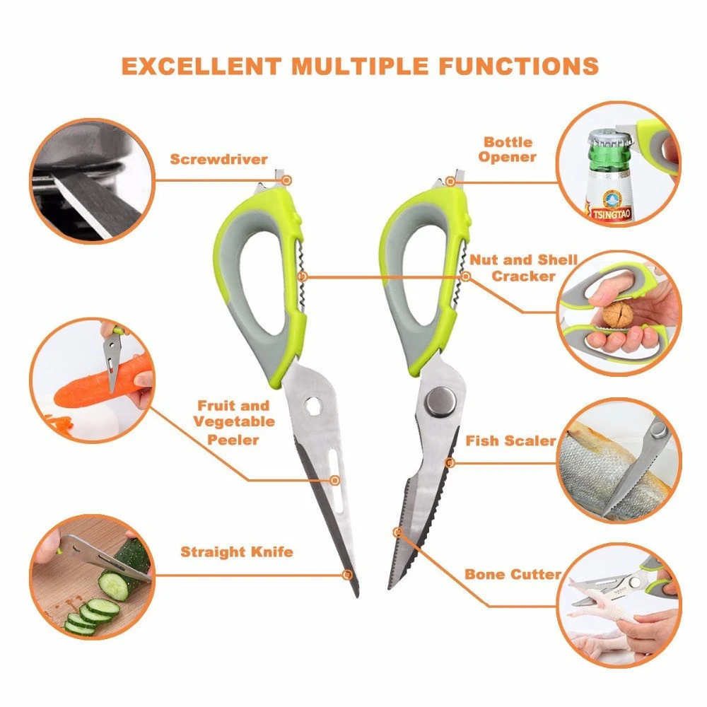 Best price factory 7 in 1 Multifunctional Magnet Stainless Steel Metal Food Professional Household Kitchen Scissor