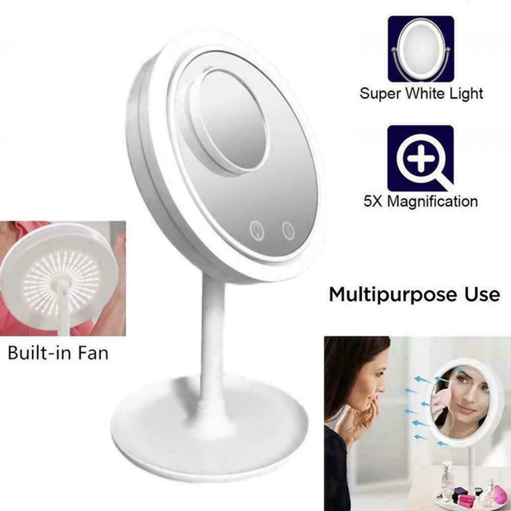 Best Seller Smart Touch Desktop Vanity Mirror Beauty Breeze Cosmetic LED Light Fan Makeup Mirror 5X Make Up Mirror with Fan