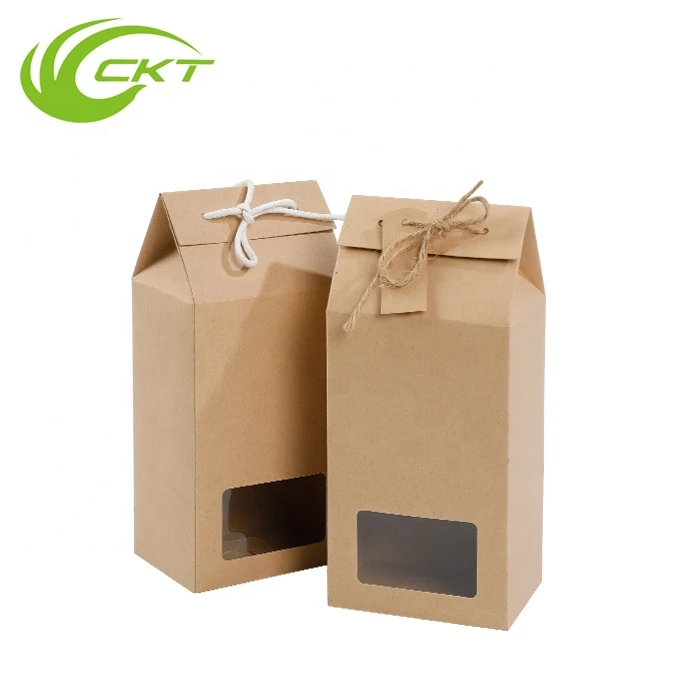 Biodegradable Kraft Paper Packaging Rope Flat Brown Tea Display Gift Box With Pvc Window