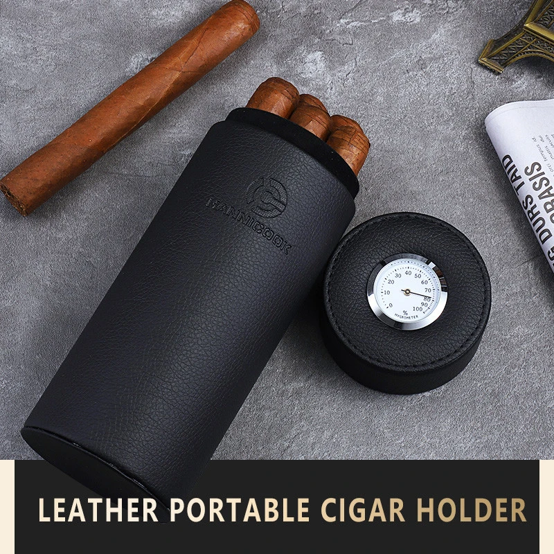 Black Leather Humidor Cigar Tube with Cedar Wood Interior (Includes Hygrometer &amp; Long Humidifier) - Holds Up to 5 Cigars