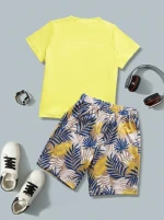 Boys 2pcs Summer Tropical Floral Print Loungewear Set Short Sleeve Crew Neck Top Shorts Comfortable PJ Set Kids Cozy Sleepwear
