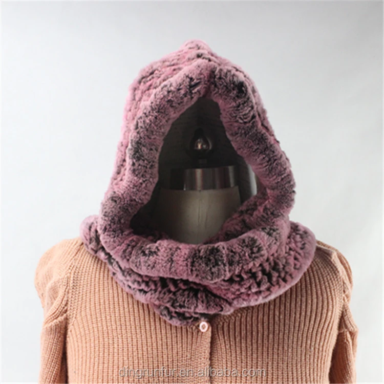 China supplier Real Thick Knitted Fur Scarf With hood Natural rabbit fur hat