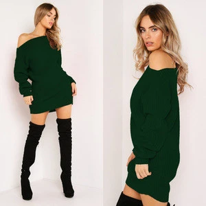 Chunky Ribbed Knit Sweater Dress  Distressed Raw-cut Edges Long Sleeves Mini Length Lady Cocktail Party Dresses