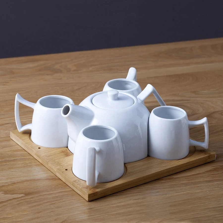 Custom porcelain teapot set tea cup set ceramic tea pot with bamboo tray
