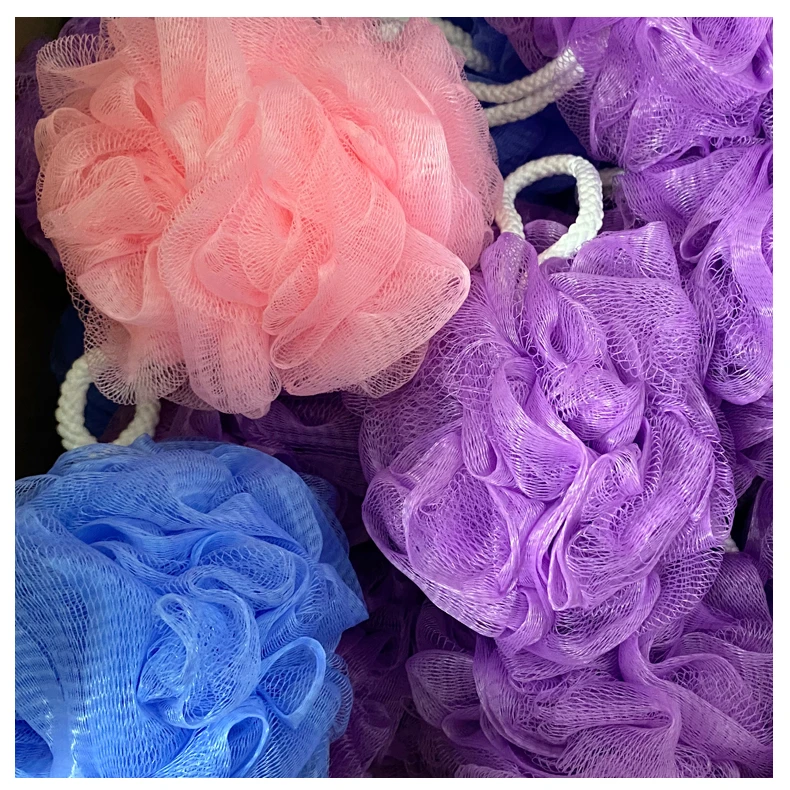 Customized Assorted colors Skin Exfoliating Natural flower Scrubber Loofah mesh Bath Sponge Shower Ball Pouf