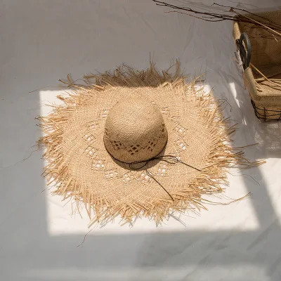 D2030 Custom Summer Visor Hat Woman Girl Outdoor Beach Straw Hats Paper Hollow Out Large Brim Sunhats Raffia Straw Hat