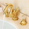 Deck Mounted High End Swan Basin Sink Faucet Widespread Golden Two Crystal Handle Mixer Taps