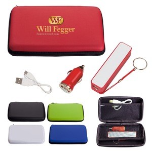 Deluxe Travel Kit - includes car adapter, portable charger with key ring and comes with your logo