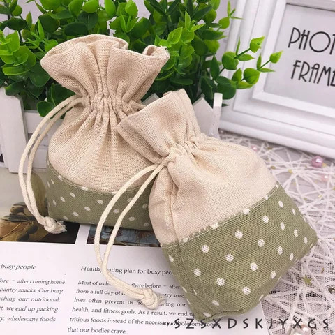 Eco-Friendly Polka Dot Linen Flax Fabric Drawstring Pouch Bag for Gifts and Jewelry Packaging