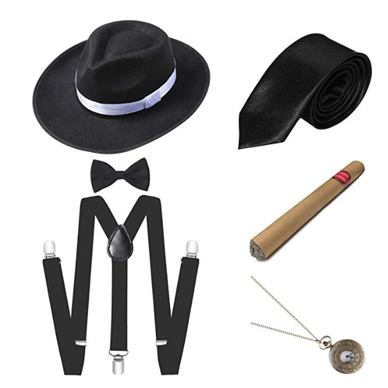 Ecoparty 1920s Mens Gatsby Gangster Costume Accessories Set Panama Manhattan Fedora Suspenders Bow Tie Cigar
