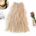 Fashion Tutu Tulle Skirt Women Long Maxi SkirtSpring Summer Korean Black Pink High Waist Pleated Skirt Female